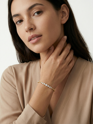 18K Gold Beaded Diamond Station Bangle