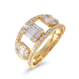 Emerald-Cut Trio Link Ring with Pavé Halo