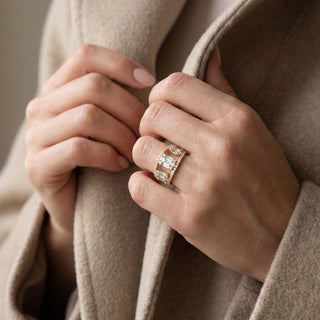 Emerald-Cut Trio Link Ring with Pavé Halo