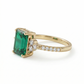 Emerald-Cut Green Stone Diamond Cluster Ring