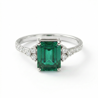 Emerald-Cut Green Stone Diamond Cluster Ring