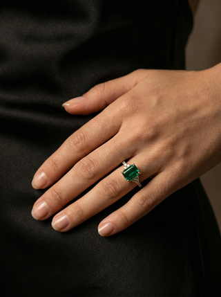 Emerald-Cut Green Stone Diamond Cluster Ring